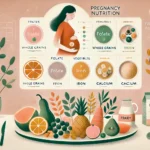 DALL·E 2024-11-05 00.49.22 - An inviting, warm illustration focused on pregnancy nutrition. The image shows a plate or display of nutritious foods like fruits, vegetables, whole g