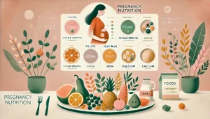 DALL·E 2024-11-05 00.49.22 - An inviting, warm illustration focused on pregnancy nutrition. The image shows a plate or display of nutritious foods like fruits, vegetables, whole g