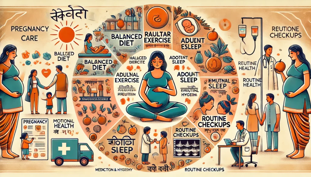 DALL·E 2024-11-07 00.58.19 - A detailed illustration showing important aspects of pregnancy care in a Hindi-themed visual style. The image includes categories such as Balanced Die