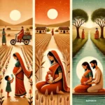 DALL·E 2024-11-07 01.04.42 - A warm, illustrated 16_9 image capturing the journey of a pregnant woman named Meera in a rural Indian village setting, surrounded by love and support