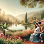 DALL·E 2024-11-07 01.28.55 - A beautiful scene of a serene hill station with a couple sitting by a lake in a flower garden. The woman is pregnant, and the man holds her hand with