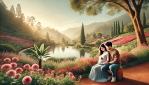 DALL·E 2024-11-07 01.28.55 - A beautiful scene of a serene hill station with a couple sitting by a lake in a flower garden. The woman is pregnant, and the man holds her hand with