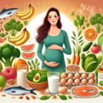 DALL·E 2024-11-07 01.42.15 - An illustration of a pregnant woman surrounded by healthy food items that are beneficial during pregnancy. The scene includes fresh fruits (like apple