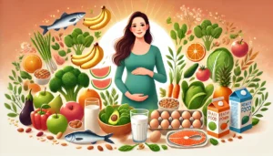 DALL·E 2024-11-07 01.42.15 - An illustration of a pregnant woman surrounded by healthy food items that are beneficial during pregnancy. The scene includes fresh fruits (like apple