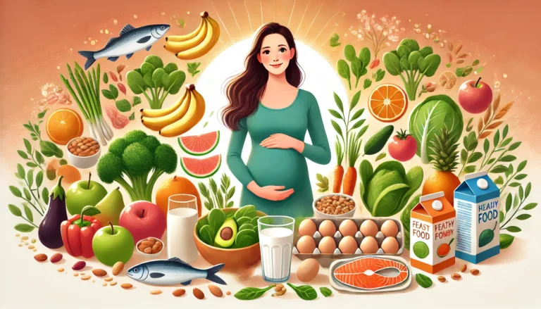 DALL·E 2024-11-07 01.42.15 - An illustration of a pregnant woman surrounded by healthy food items that are beneficial during pregnancy. The scene includes fresh fruits (like apple