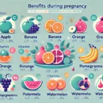 DALL·E 2024-11-07 22.42.22 - An informative illustration on the benefits of eating fruits during pregnancy, showing different fruits like apple, banana, orange, grapes, pomegranat