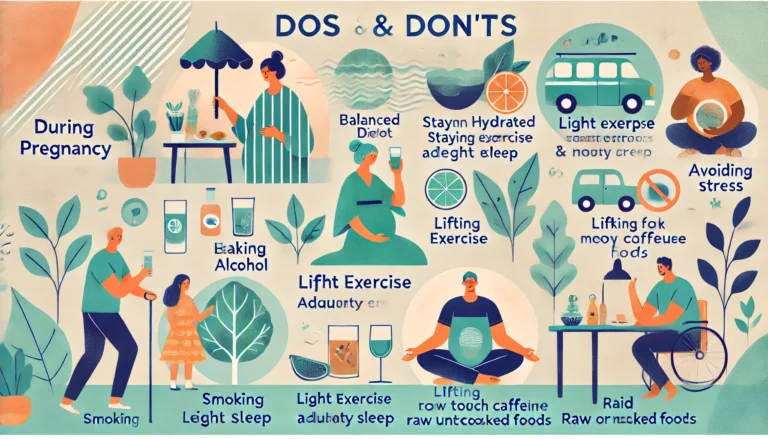 DALL·E 2024-11-07 23.09.19 - An informative illustration on dos and don'ts during pregnancy for expectant mothers. The image shows positive practices like eating a balanced diet,