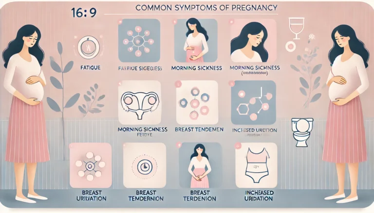 DALL·E 2024-11-10 23.32.31 - An informative image in 16_9 aspect ratio illustrating the common symptoms of pregnancy. The background should be soft and gentle, with pastel colors