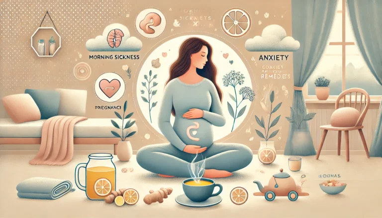 DALL·E 2024-11-17 23.09.31 - A thoughtful and calming illustration representing morning sickness and anxiety during pregnancy, designed for a website in a 16_9 ratio. The image fe