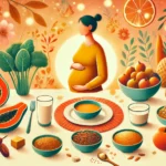 DALL·E 2024-11-19 22.35.39 - A warm and vibrant illustration of a pregnant woman surrounded by healthy foods that promote easy delivery. The scene includes fresh fruits like papay