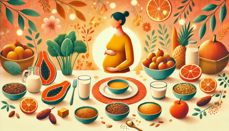 DALL·E 2024-11-19 22.35.39 - A warm and vibrant illustration of a pregnant woman surrounded by healthy foods that promote easy delivery. The scene includes fresh fruits like papay