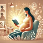 DALL·E 2024-11-19 22.45.40 - A serene and uplifting illustration of a pregnant woman sitting in a cozy, warmly lit room, reading a book. The book emits a soft, glowing light, symb