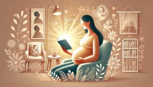 DALL·E 2024-11-19 22.45.40 - A serene and uplifting illustration of a pregnant woman sitting in a cozy, warmly lit room, reading a book. The book emits a soft, glowing light, symb