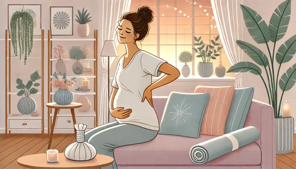 DALL·E 2024-11-20 10.40.39 - A serene illustration of a pregnant woman experiencing back pain, holding her lower back with one hand while sitting on a comfortable couch. The backg