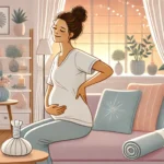 DALL·E 2024-11-20 10.40.39 - A serene illustration of a pregnant woman experiencing back pain, holding her lower back with one hand while sitting on a comfortable couch. The backg