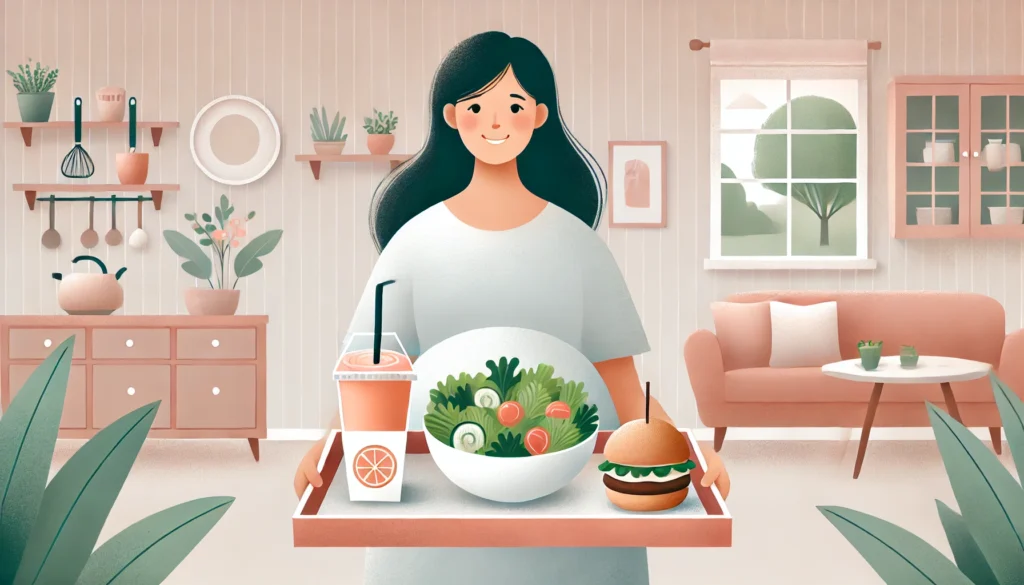 DALL·E 2024-11-20 22.09.53 - A visually appealing illustration depicting a pregnant woman holding a tray with healthy fast food options like a salad bowl, a whole-grain sandwich,