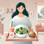 DALL·E 2024-11-20 22.09.53 - A visually appealing illustration depicting a pregnant woman holding a tray with healthy fast food options like a salad bowl, a whole-grain sandwich,