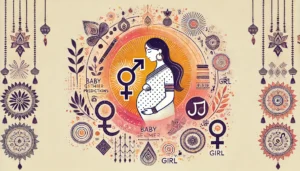 DALL·E 2024-11-20 22.20.22 - An artistic illustration representing Indian mythology on baby gender predictions. The image includes symbolic elements like a pregnant woman surround