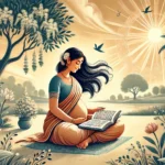 DALL·E 2024-11-21 10.21.19 - A serene illustration depicting a pregnant Indian woman sitting cross-legged in a peaceful environment, reading the Bhagavad Gita. She is surrounded b