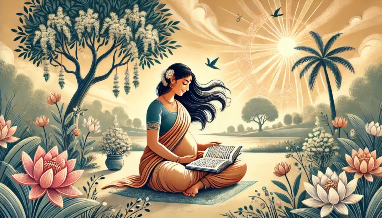 DALL·E 2024-11-21 10.21.19 - A serene illustration depicting a pregnant Indian woman sitting cross-legged in a peaceful environment, reading the Bhagavad Gita. She is surrounded b