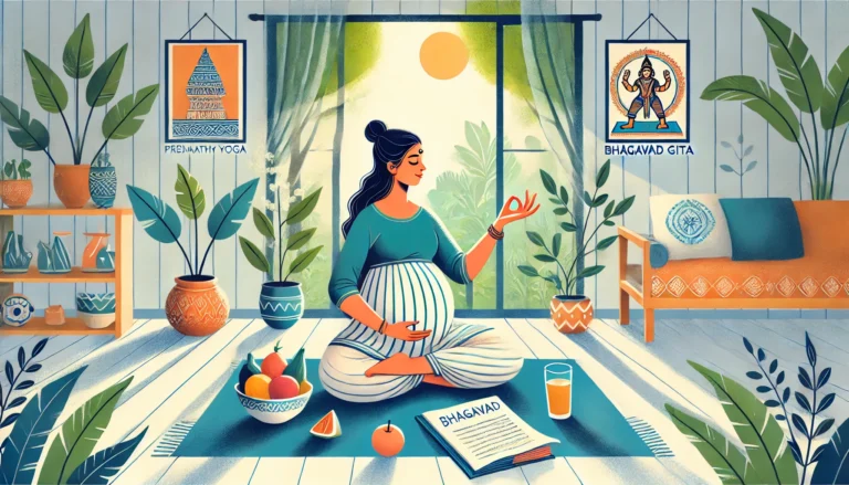 DALL·E 2024-11-21 10.53.49 - An illustration of a pregnant Indian woman practicing prenatal yoga in a serene indoor setting, symbolizing preparation for normal delivery. She is we